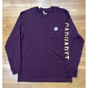 Carhartt Men T-Shirt Small Long Sleeve Maroon Original Fit Logo Pocket Oversize
